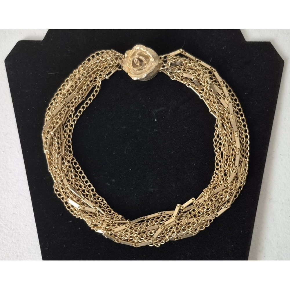 Vintage Multi Strand Gold Tone Choker Flower Clasp 17"